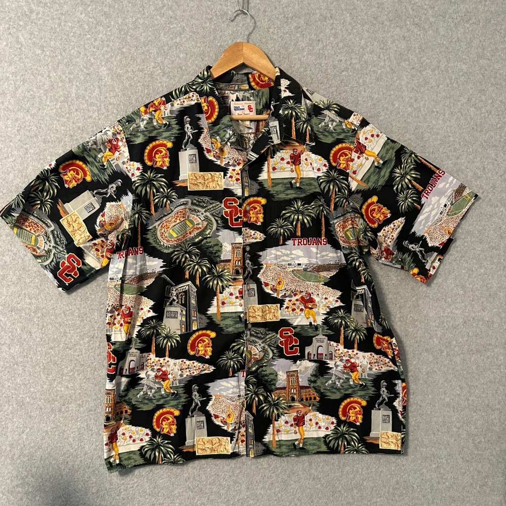 Reyn Spooner Button Down Shirt Men XXL Black USC Trojans All Over Print Tailored